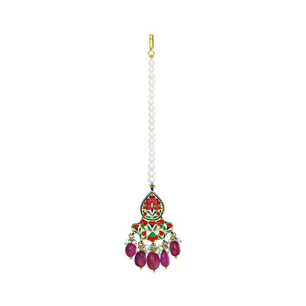 Teardrop Red Enamel Mangtikka with Polki and Tourmaline Drops